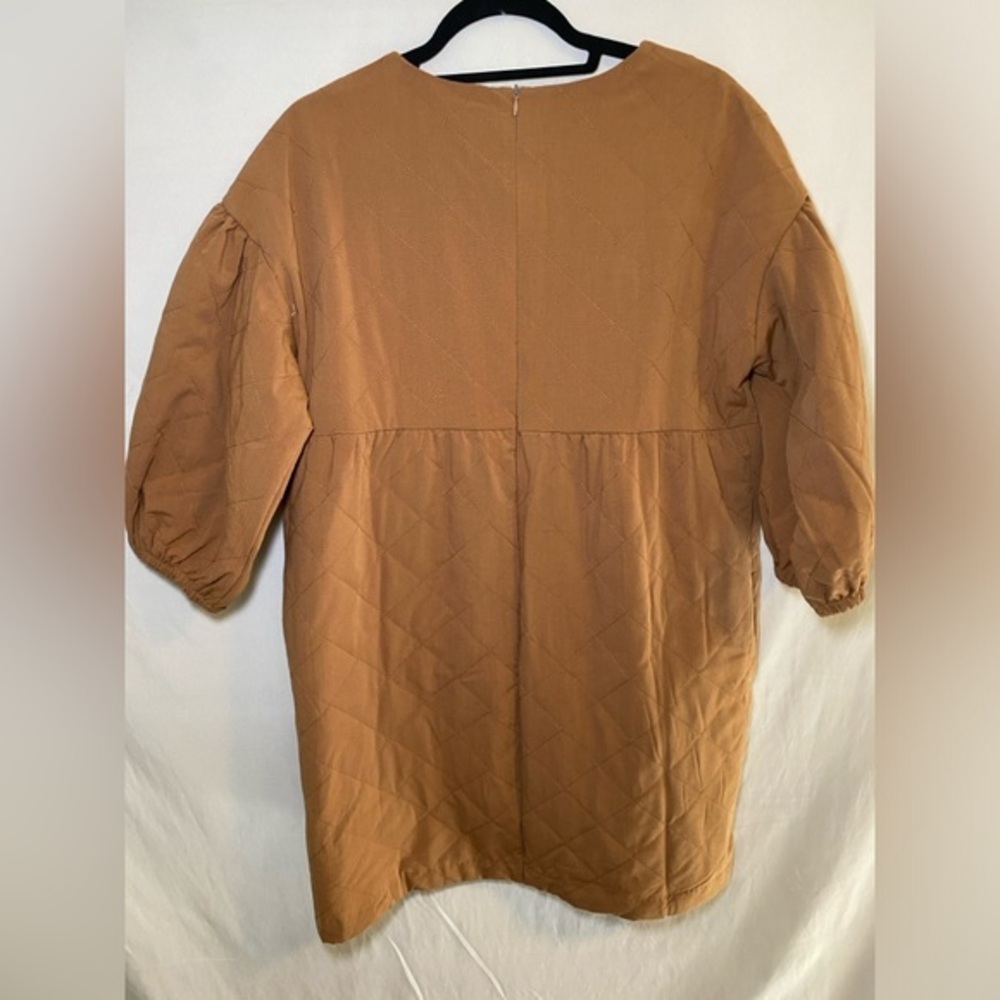 enMerci Tan Brown Babydoll‎ Dress Quilted Puff Sleeves Size Medium - Picture 2 of 3